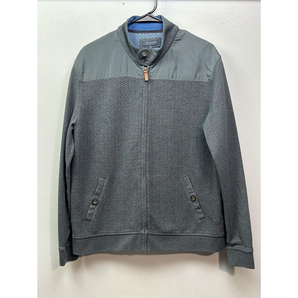 Ted Baker Jacket Mens 6 Grey Marbs Herringbone Zip Up Bomber Mock Neck 12665